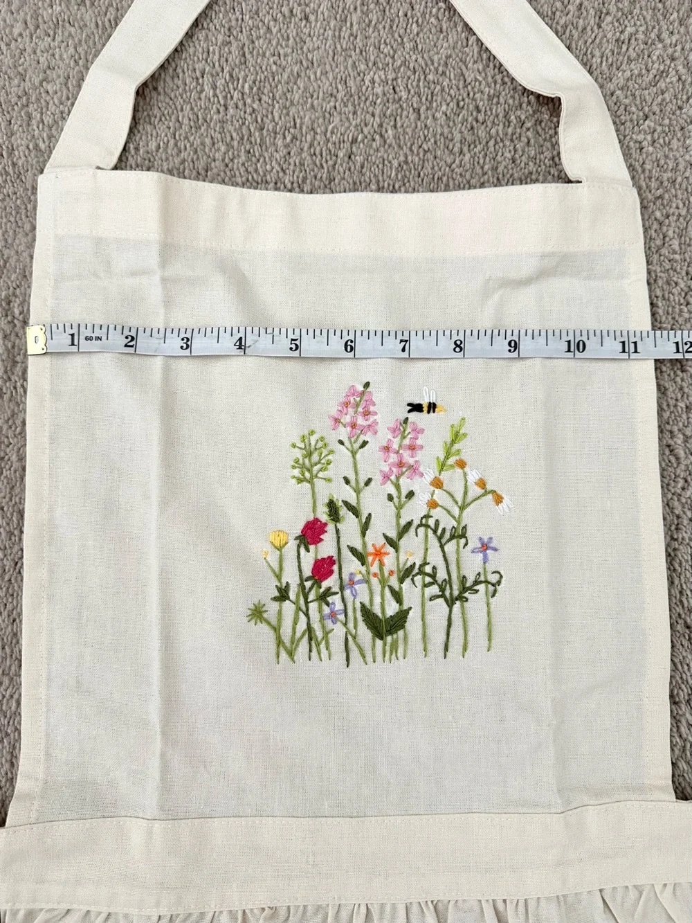 Floral Hand-Embroidered Cream Apron Wildflower Garden / Bee Motif - Gifts